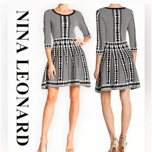 Nina Leonard Geometric Fit & Flare Sweater Dress